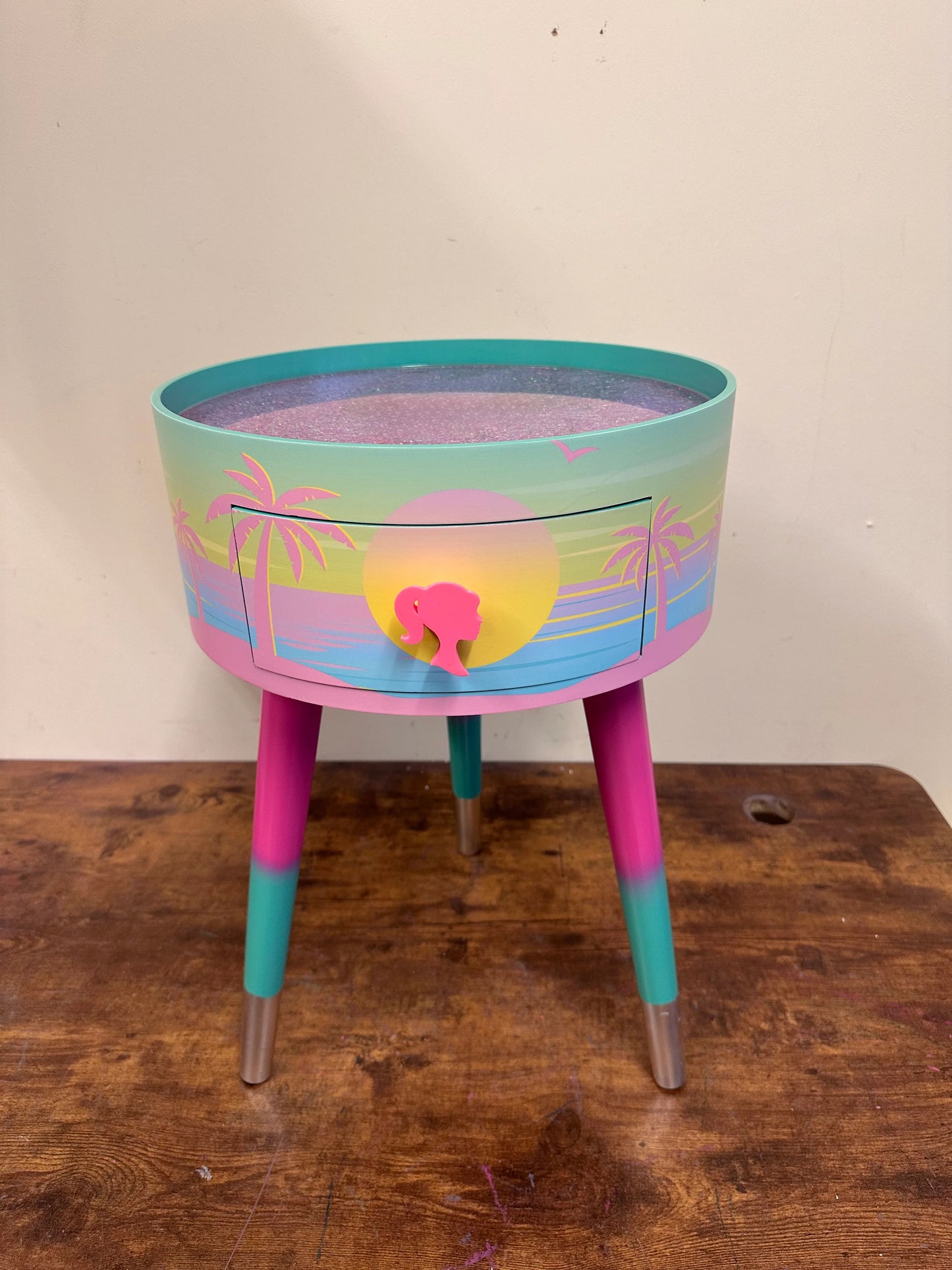 Malibu - Pink with Glitter. mint and pink ombre, sunset, flamingo, Palm Springs nightstand