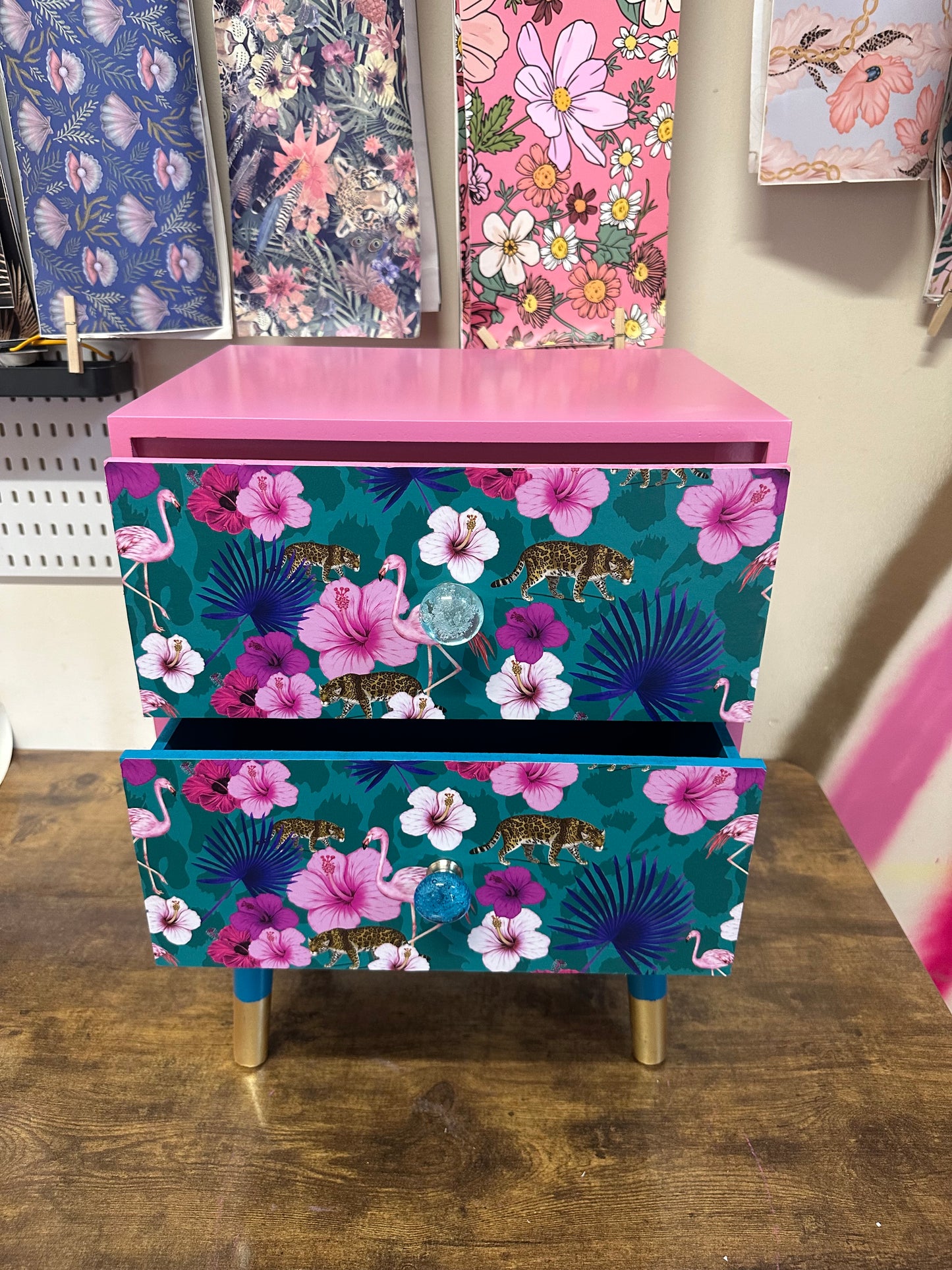 Teal and pink flamingo square bedside table