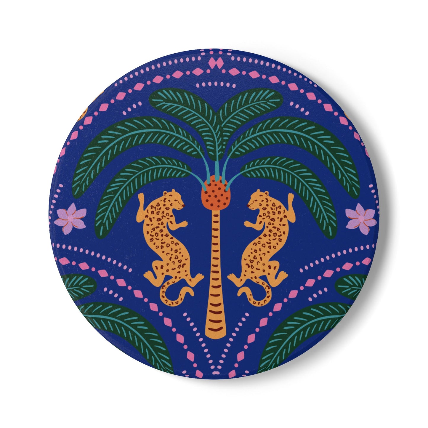 Cheetah with Palm Navy Ceramic Coaster