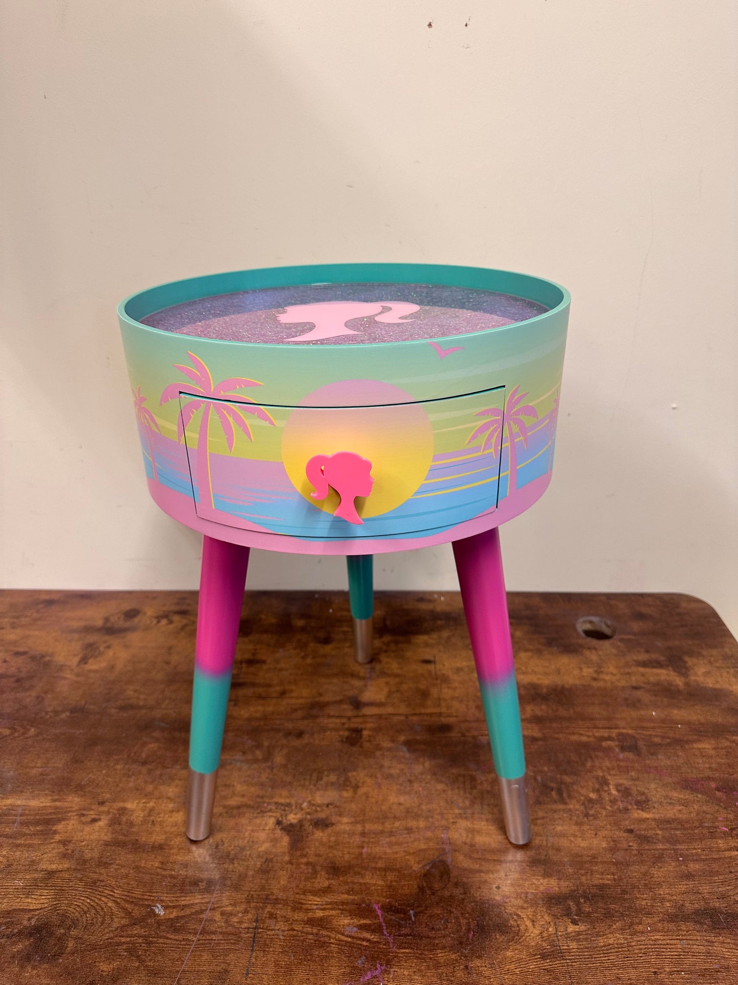 Malibu - Pink with Glitter and Barbie on top.  mint and pink ombre, sunset, flamingo, Palm Springs nightstand , doll detail, taller legs