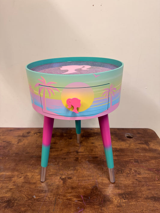 Malibu - Pink with Glitter and Barbie on top.  mint and pink ombre, sunset, flamingo, Palm Springs nightstand , doll detail, taller legs