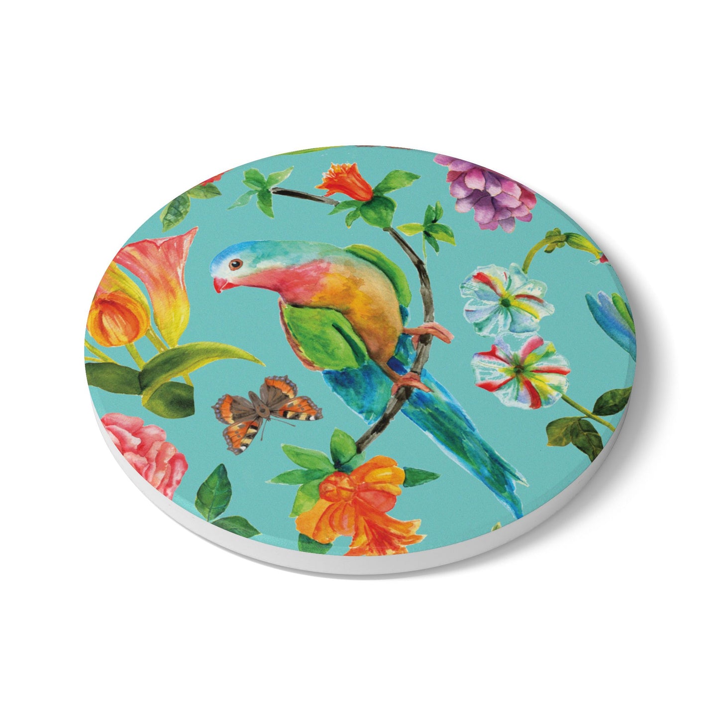 Birds and Butterflies Minty Green Ceramic Coaster