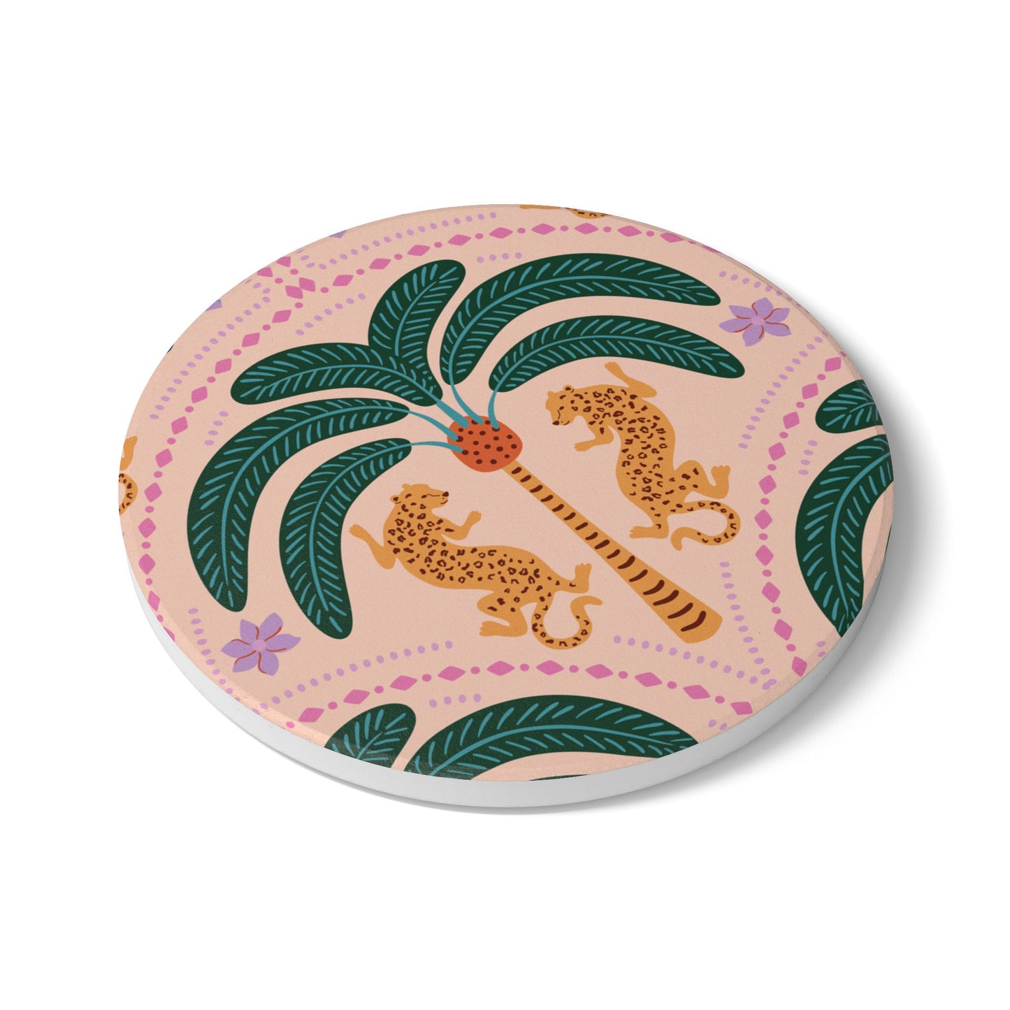 Cheetah with Palm Blush Ceramic Coaster