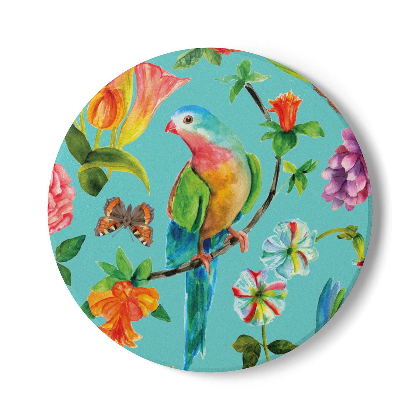 Birds and Butterflies Minty Green Ceramic Coaster