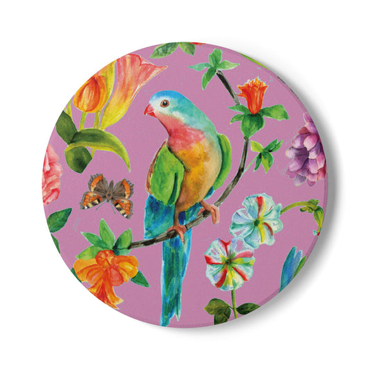 Birds and Butterflies Pink Ceramic Coaster