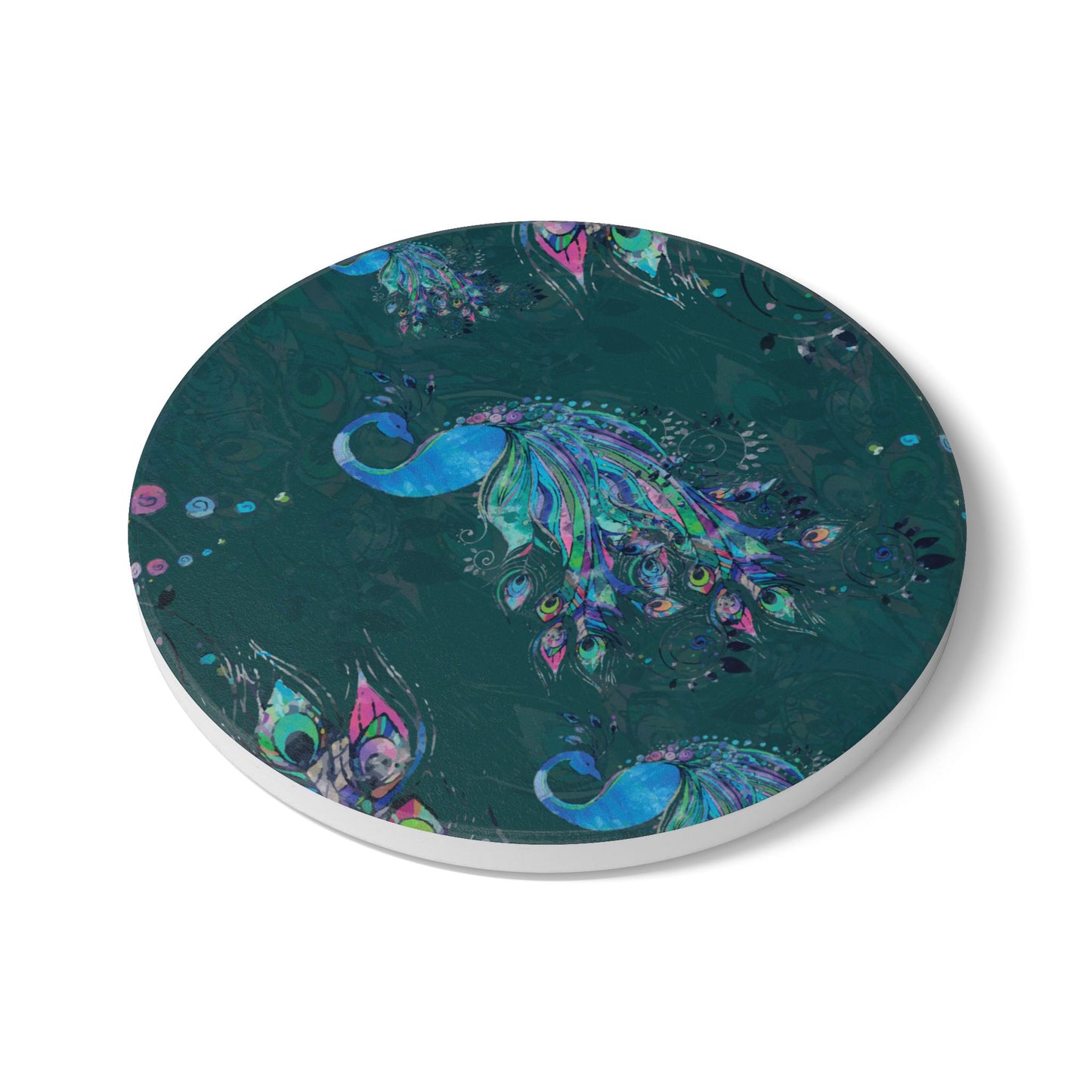 Painted Peacock Teal Ceramic Coaster
