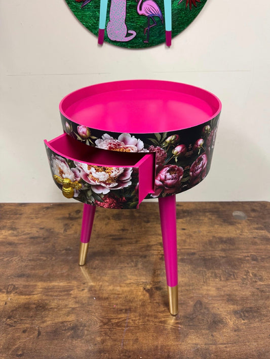 Baroque flowers - Round bedside table , black , hot pink and gold nightstand with baroque floral design, Moody Home Decor. Side table storage drawer.