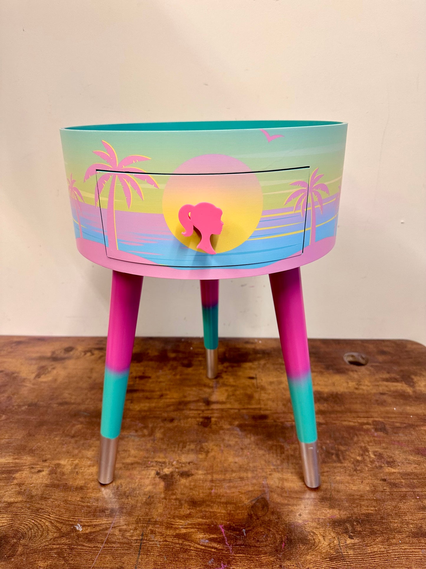 Malibu - Pink with Glitter and Barbie on top.  mint and pink ombre, sunset, flamingo, Palm Springs nightstand , doll detail, taller legs