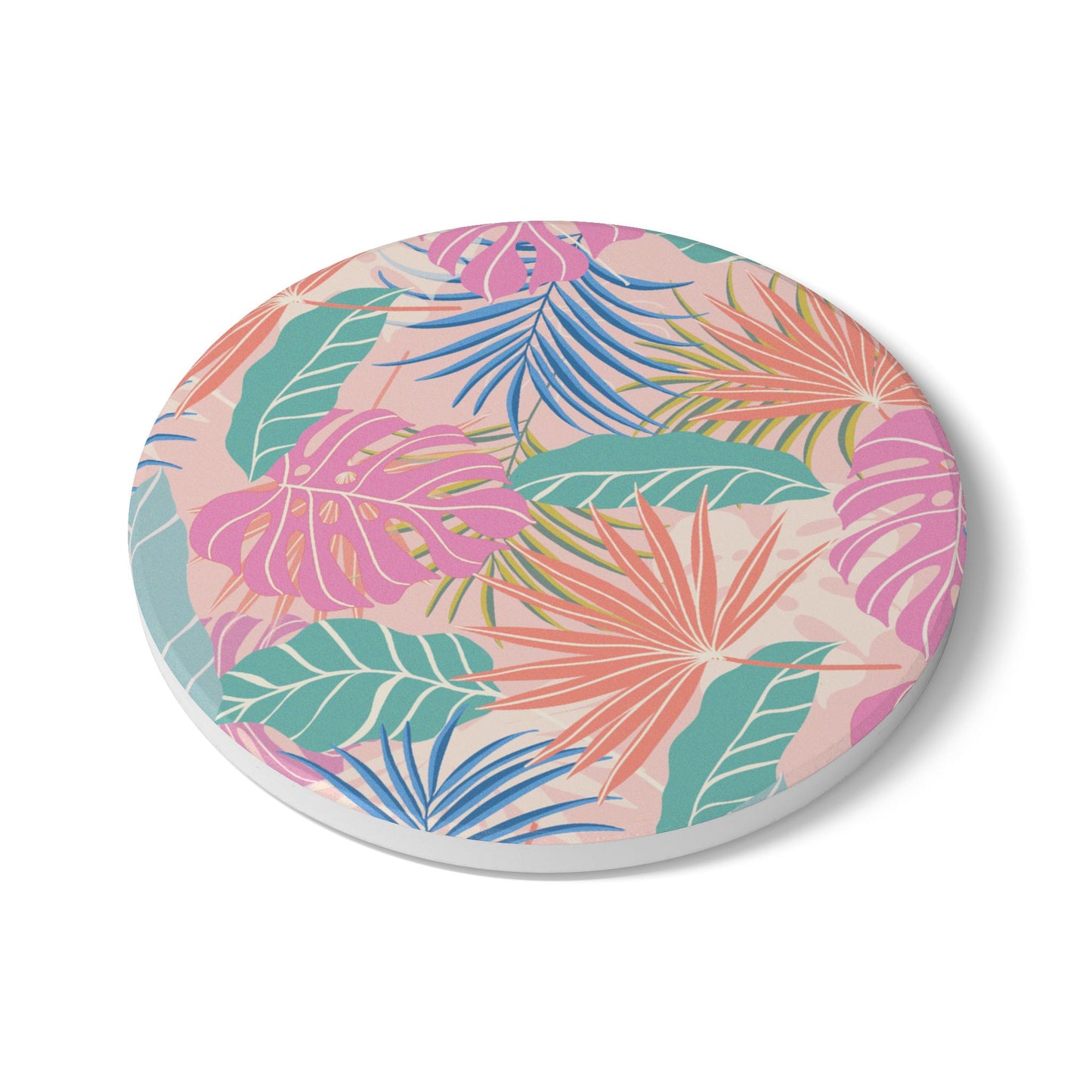 Pastel Tropical Leaves Ceramic Coaster
