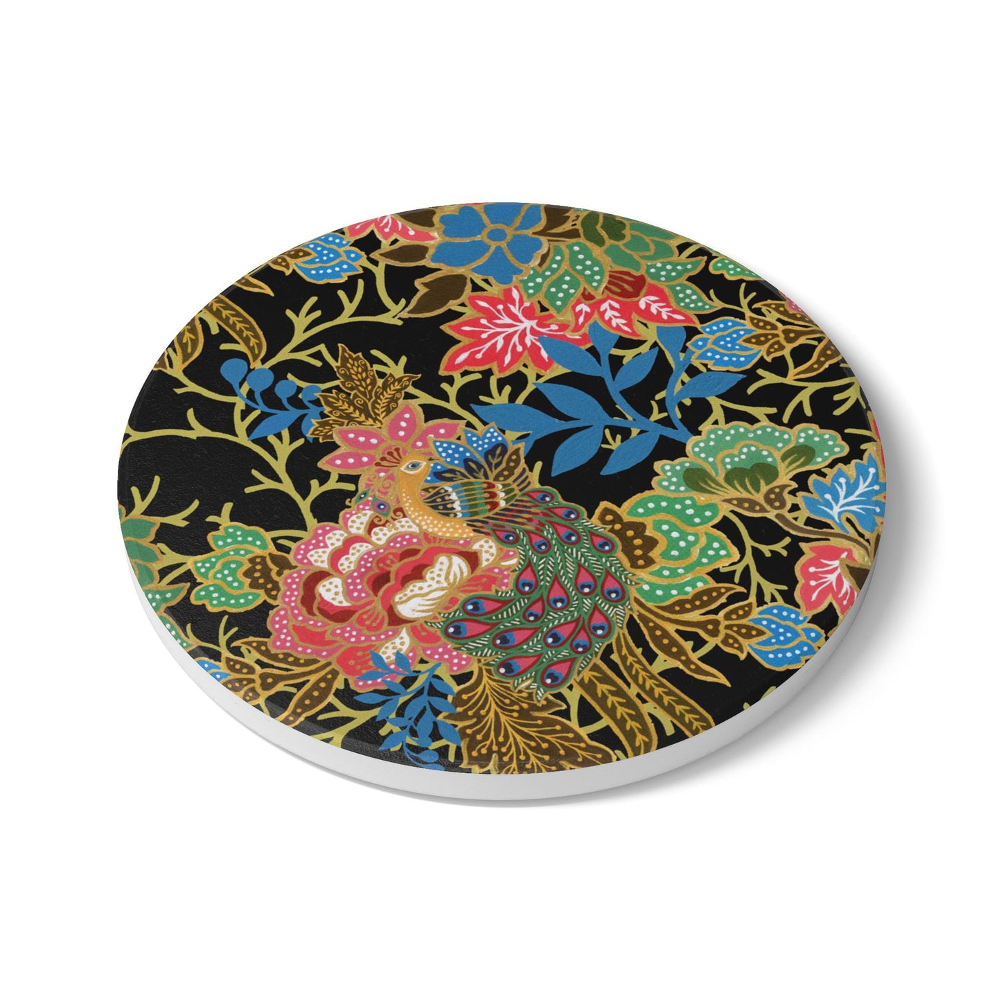 Ornate Peacock Black Ceramic Coaster