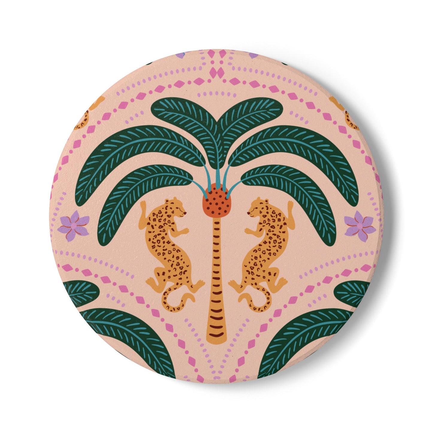 Cheetah with Palm Blush Ceramic Coaster