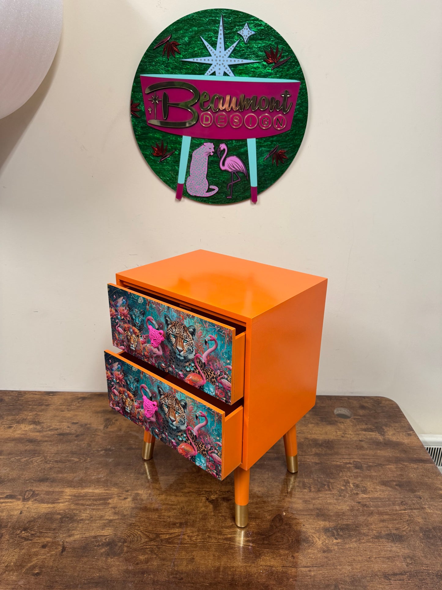 Jewel Leopard Orange , two drawer square table