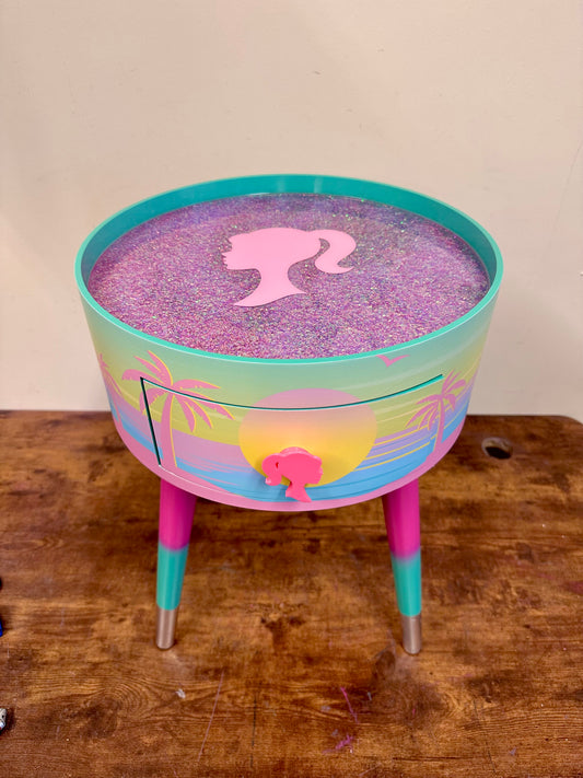 Malibu - Pink with Glitter and Barbie on top.  mint and pink ombre, sunset, flamingo, Palm Springs nightstand , doll detail, taller legs