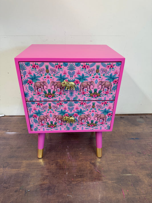 Pink Square table with Elephants, bedside table with two drawers