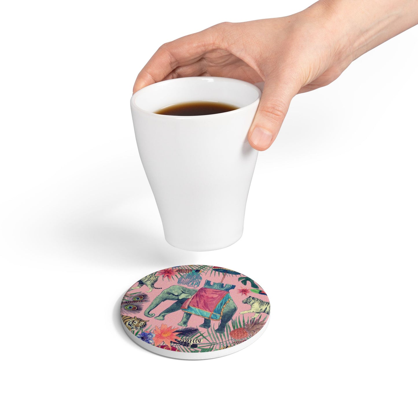 Elephant in Jungle Pink Ceramic Coaster