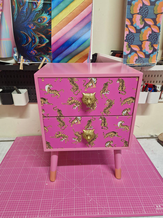 Pink Tiger square bedside table, two drawers, ideal nightstand. Flamingo and baby pink with gold. Customisable