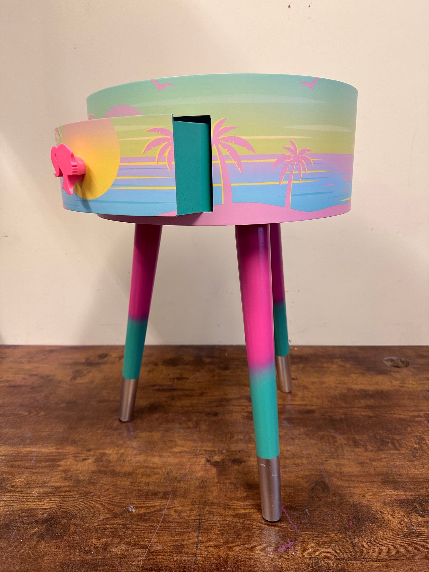 Malibu - Pink with Glitter and Barbie on top.  mint and pink ombre, sunset, flamingo, Palm Springs nightstand , doll detail, taller legs