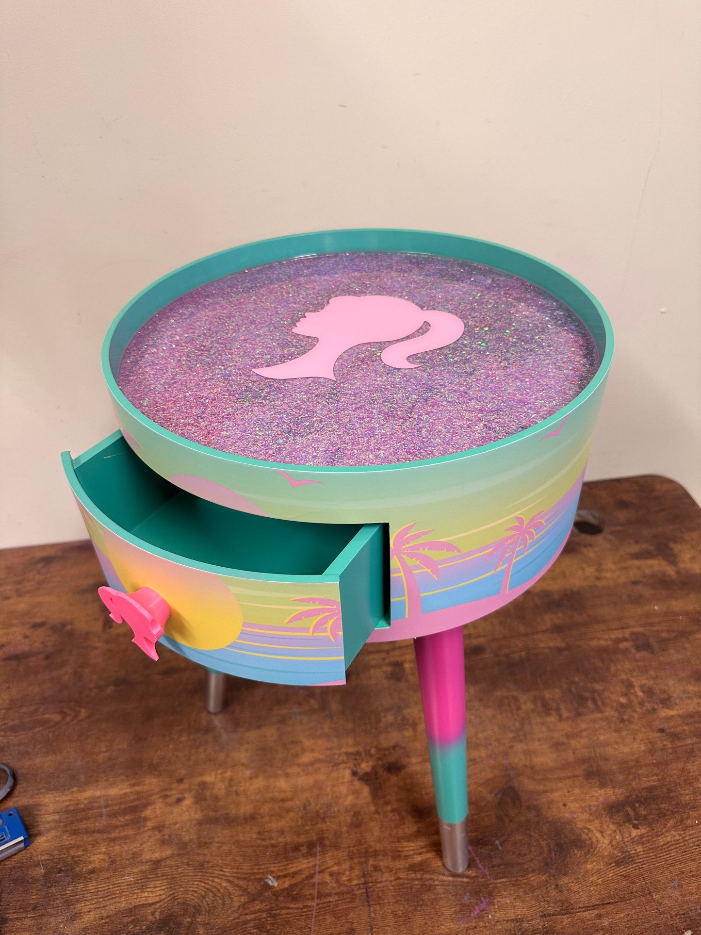 Malibu - Pink with Glitter and Barbie on top.  mint and pink ombre, sunset, flamingo, Palm Springs nightstand , doll detail, taller legs