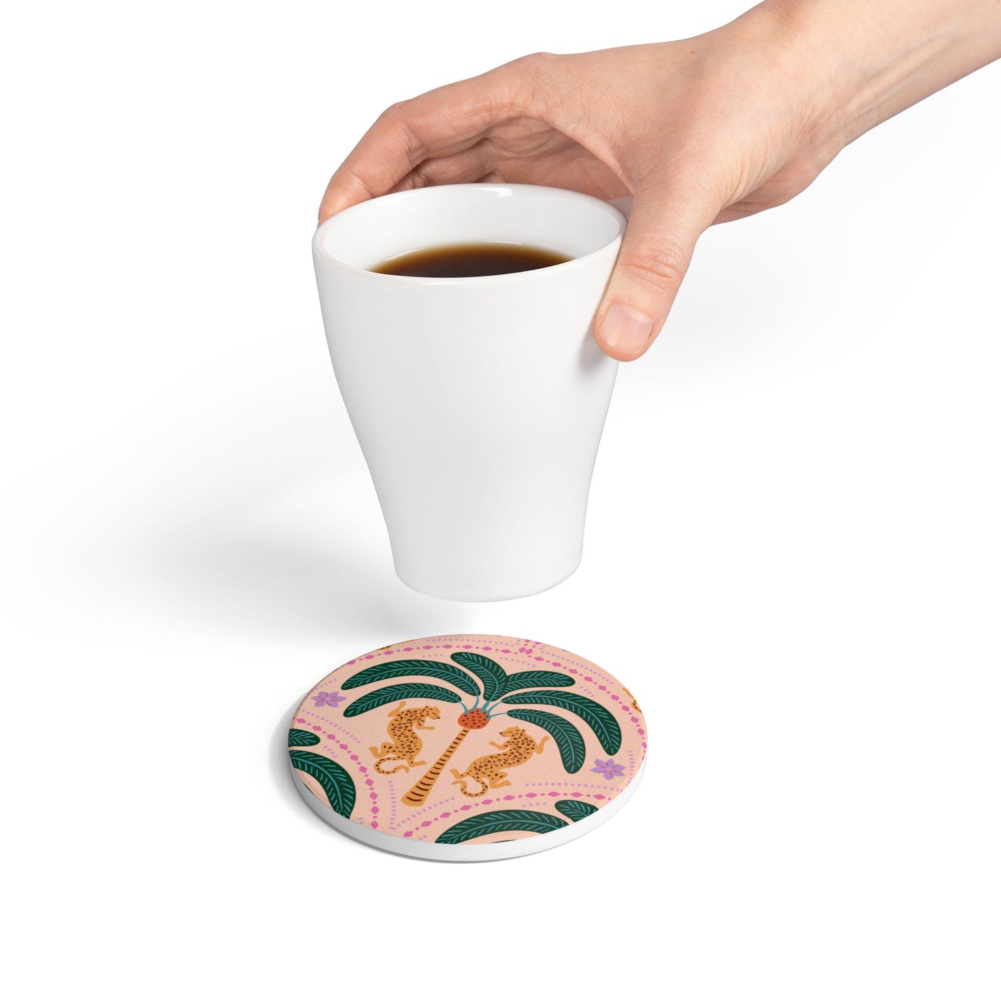 Cheetah with Palm Blush Ceramic Coaster