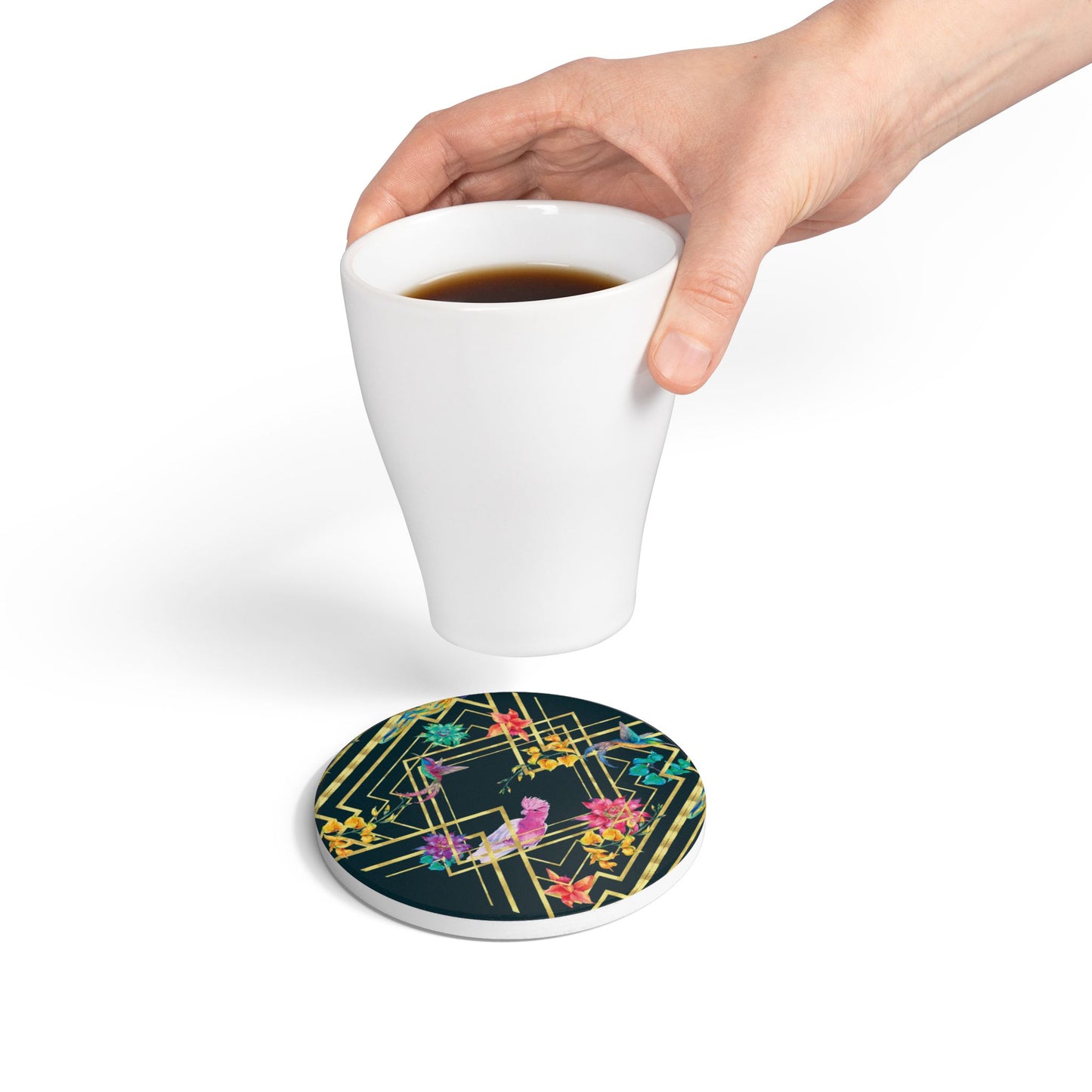 Art Deco Birds Emerald Ceramic Coaster