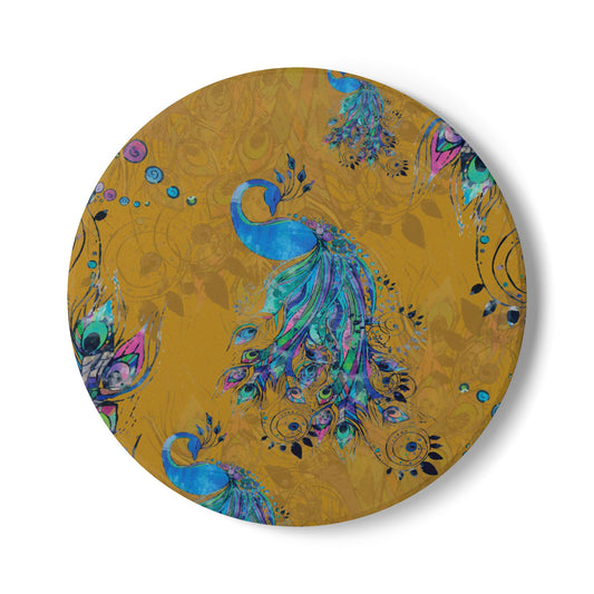 Painted Peacock Mustard Ceramic Coaster