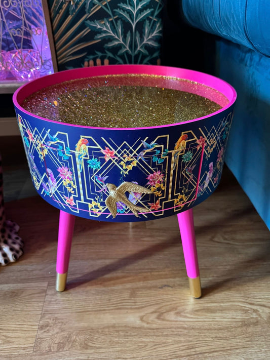 Art deco - Navy Blue Art Deco Birds. Hot Pink with Gold Glitter top.