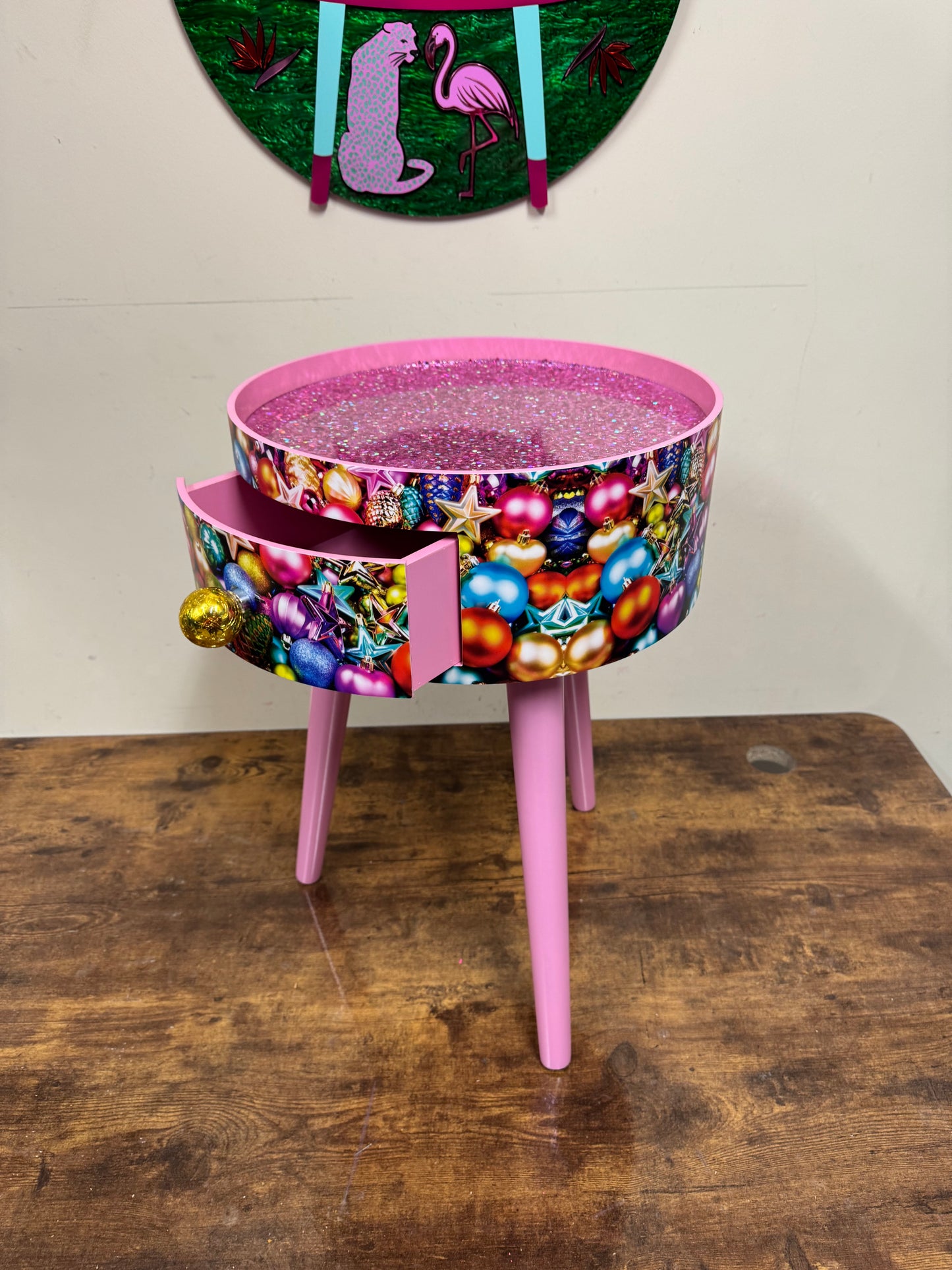Christmas - pink and glitter Christmas round side table ,retro baubles design. Nightstand. Hanukkah end table