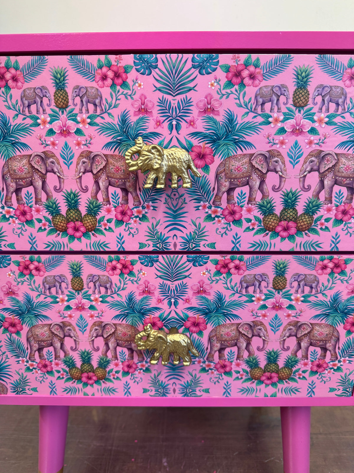 Pink Square table with Elephants, bedside table with two drawers