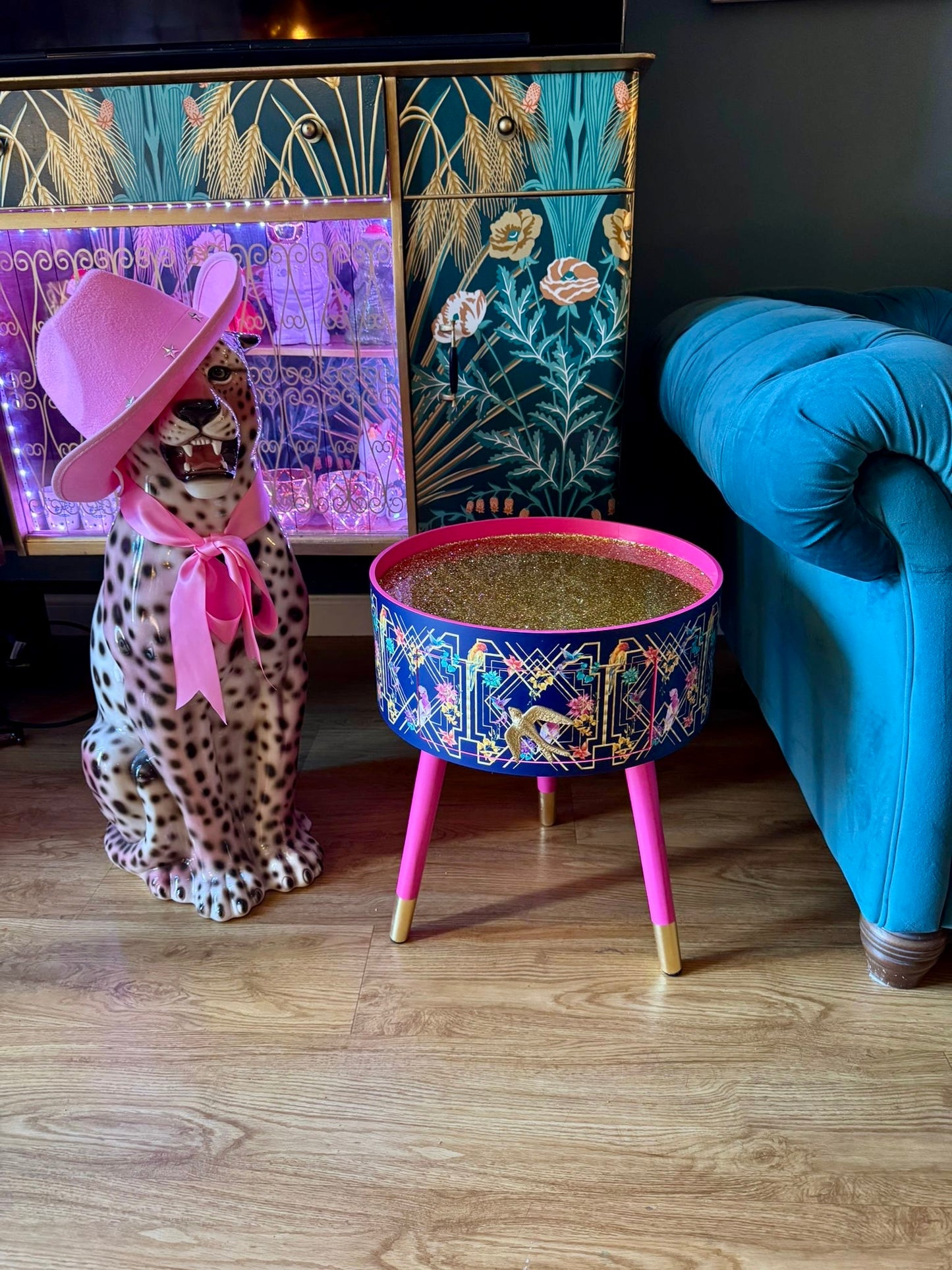 Art deco - Navy Blue Art Deco Birds. Hot Pink with Gold Glitter top.