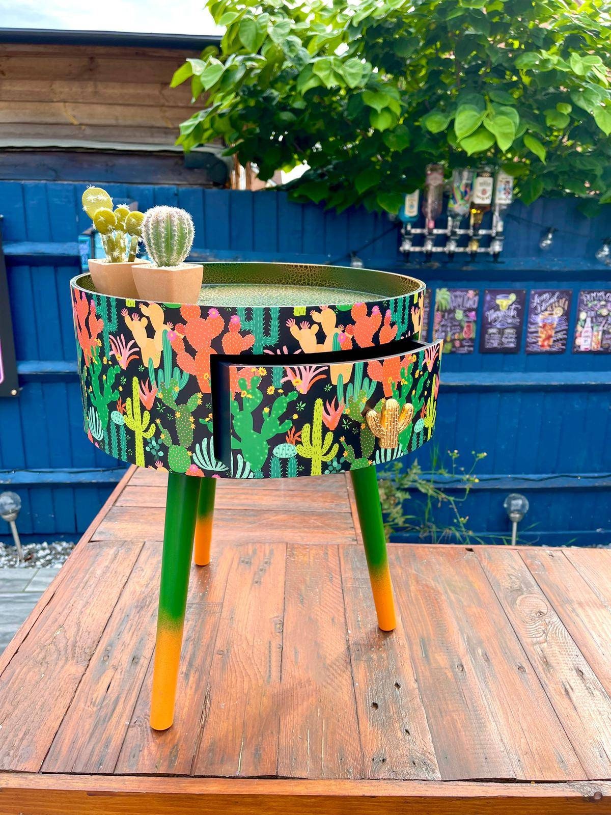 Cactus print - Black round wooden side table with drawer  green orange black bedside table/ bed side table/ cabinet , Built in wooden drawer