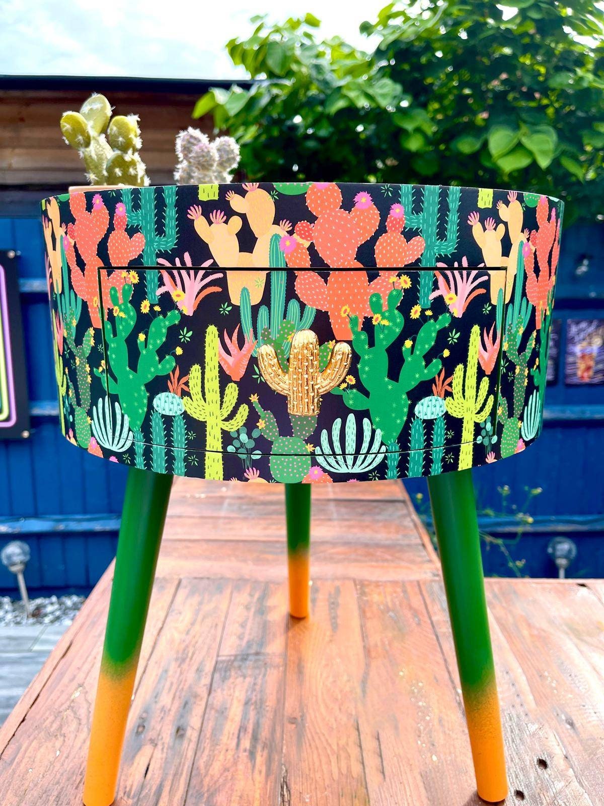 Cactus print - Black round wooden side table with drawer  green orange black bedside table/ bed side table/ cabinet , Built in wooden drawer