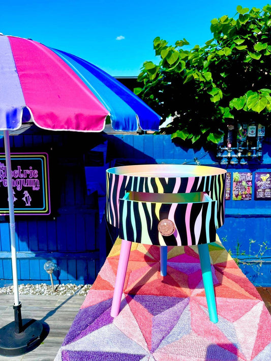 Pastel Zebra - Black round wooden side table cabinet in black, ideal for bedside table or night stand. Multicolored top. Ombre home decor .