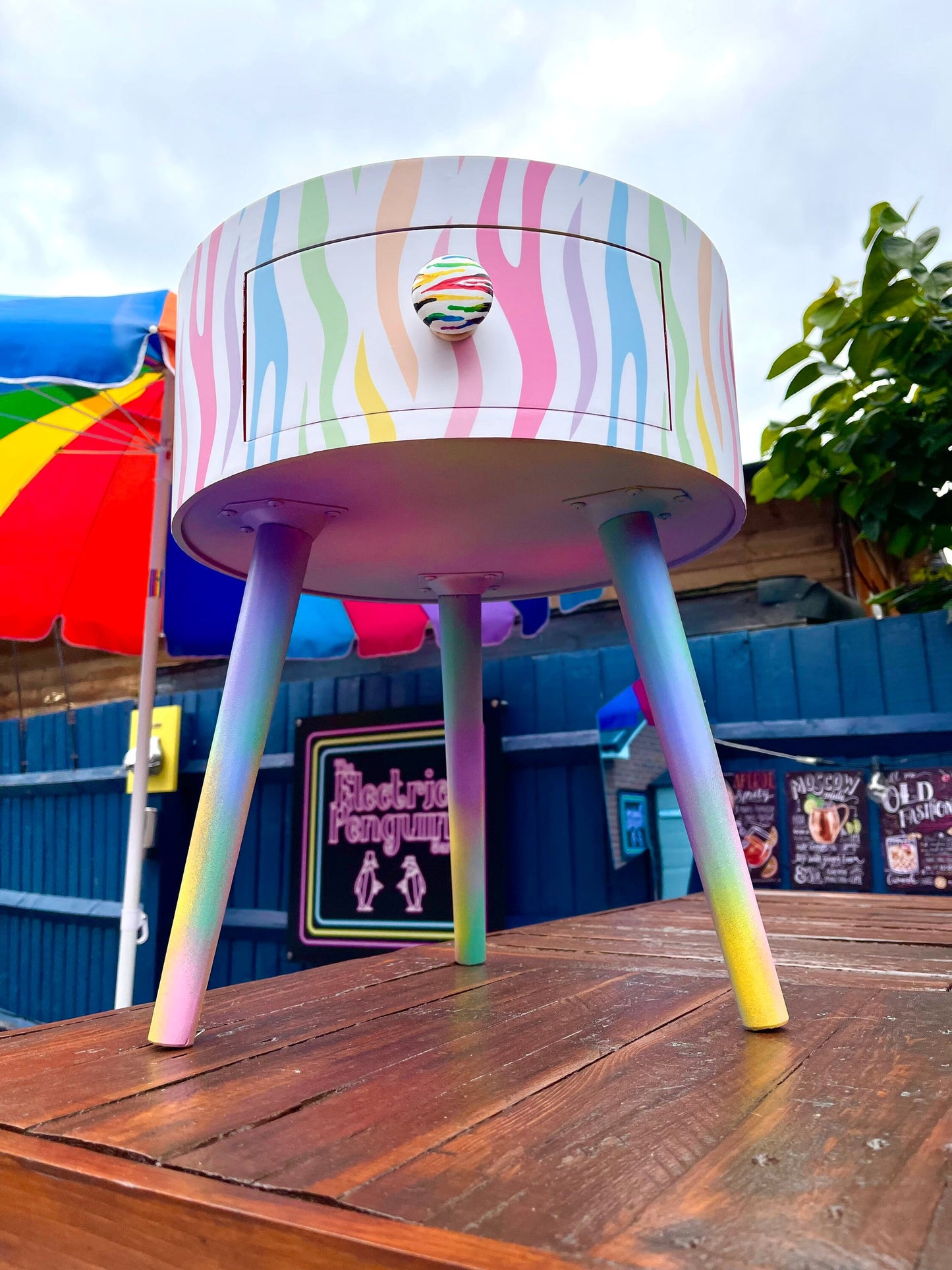 Pastel Zebra - White bed side table cabinet in white bedside table upcycled table , Built in wooden drawer. Ombre home decor