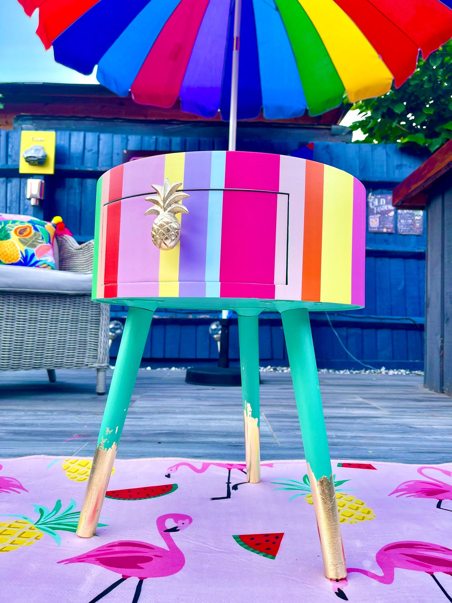 Rainbow - Refresher stripe  multicoloured round  side table . Circular wooden bedside table with drawer. Ideal Nighstand or bedside table