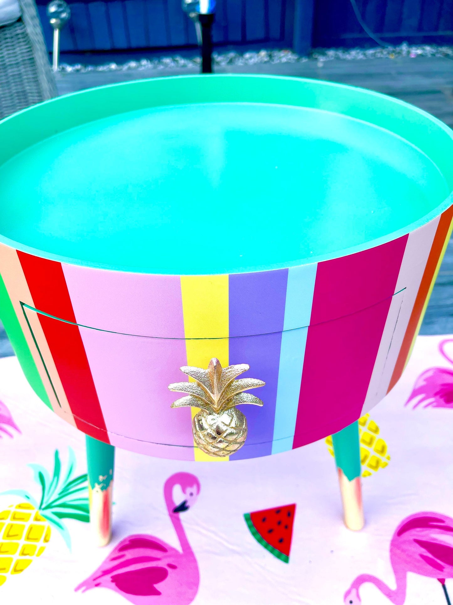 Rainbow - Refresher stripe  multicoloured round  side table . Circular wooden bedside table with drawer. Ideal Nighstand or bedside table