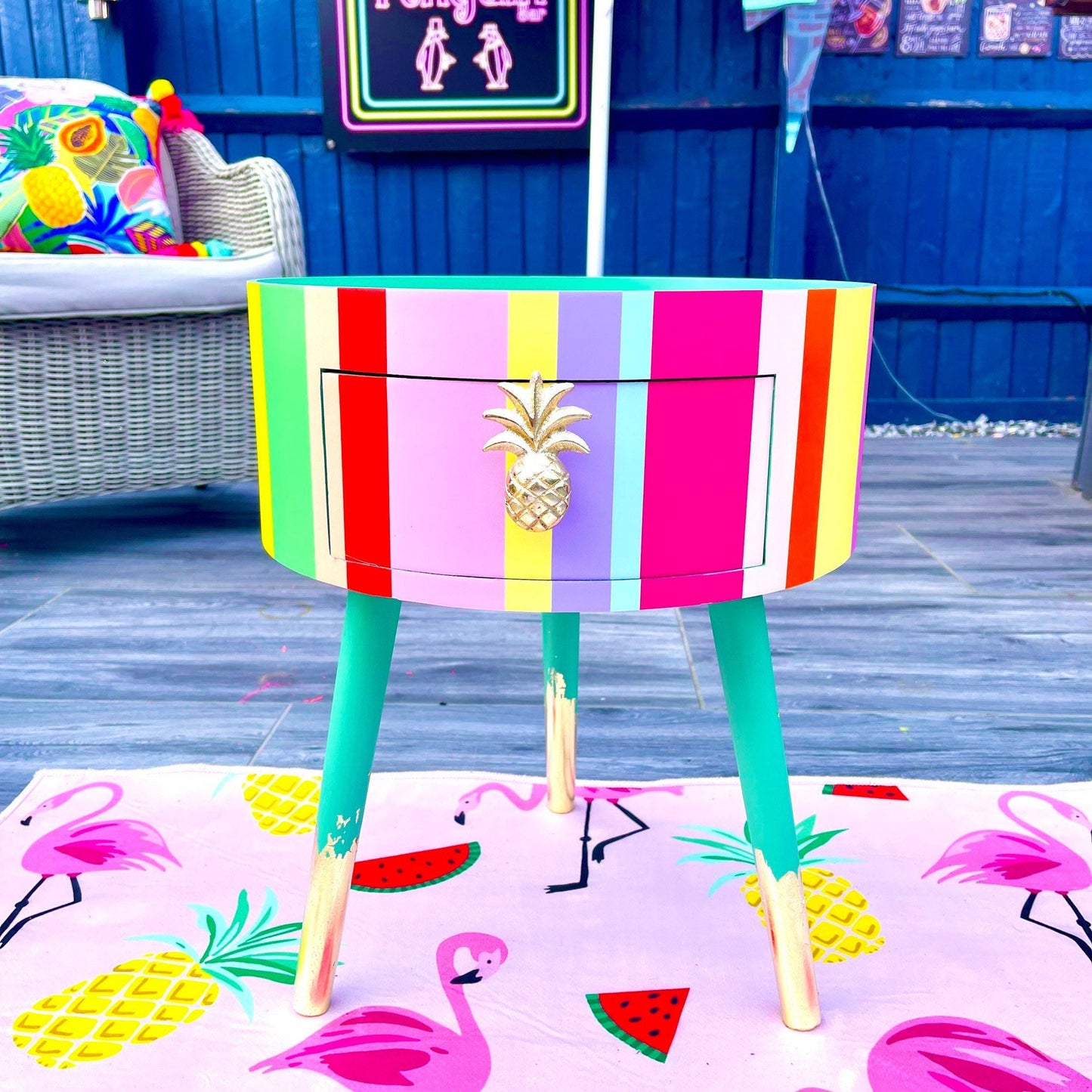 Rainbow - Refresher stripe  multicoloured round  side table . Circular wooden bedside table with drawer. Ideal Nighstand or bedside table