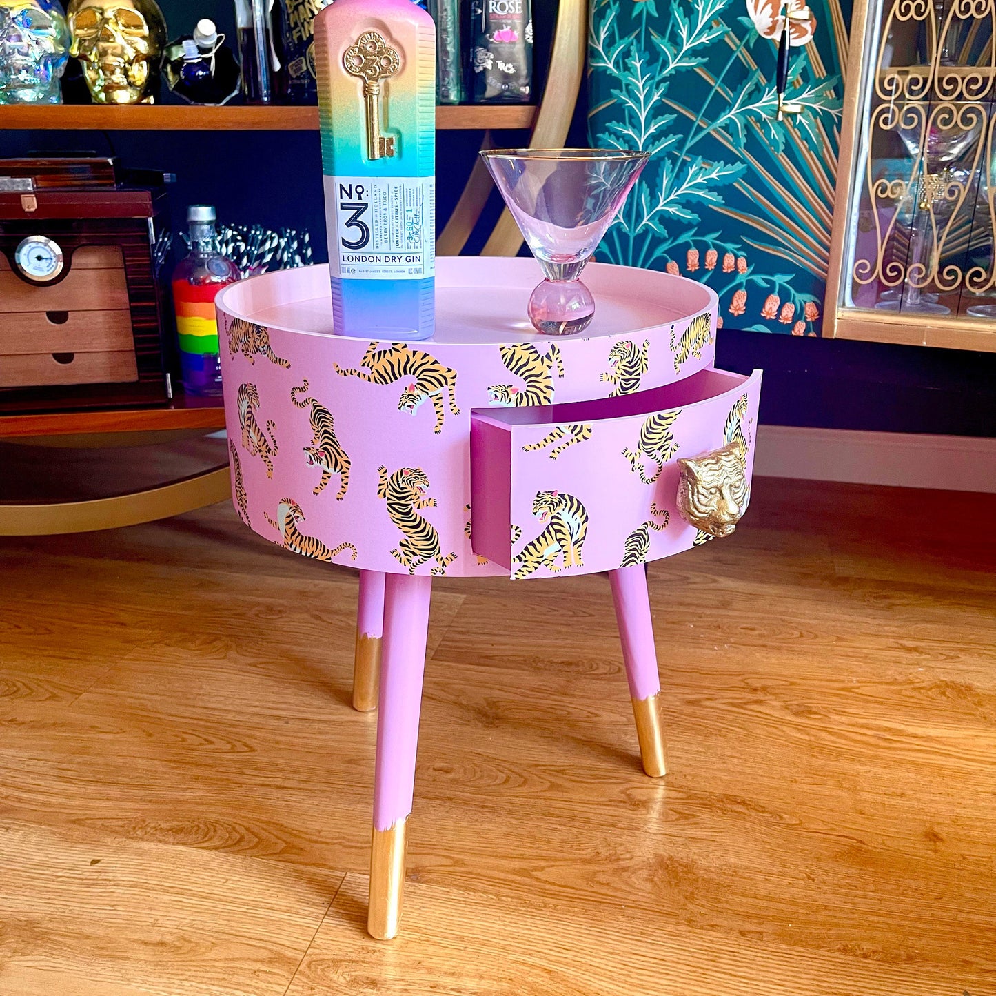 Tiger Table - Light Pink round bedside table . Fun Bright Home Decor . Ideal for Nightstand or side table. Comes with inbuilt drawer