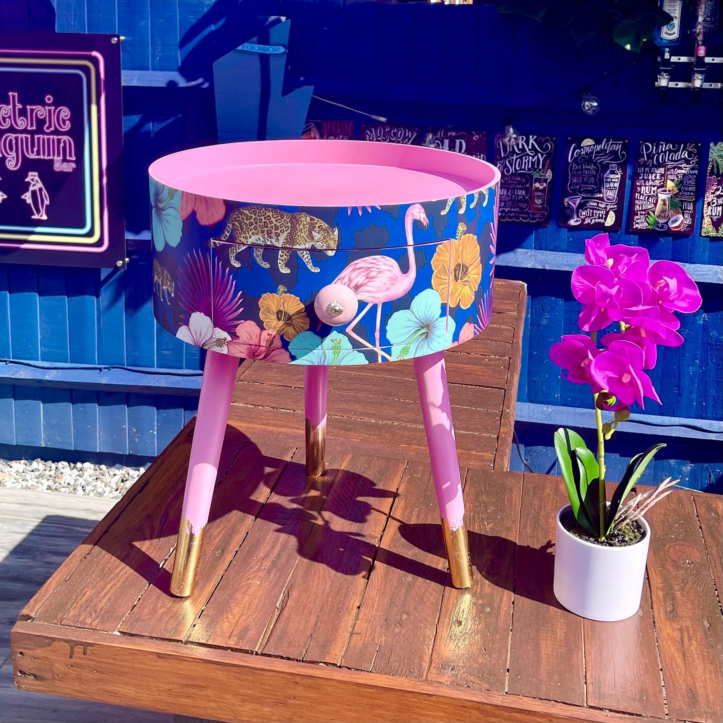 Flocking Fab - Navy Pink and Blue tropical side table . Flamingo and leopard print nightstand , Gold leaf legs bedside table , flamingo and cheetah design