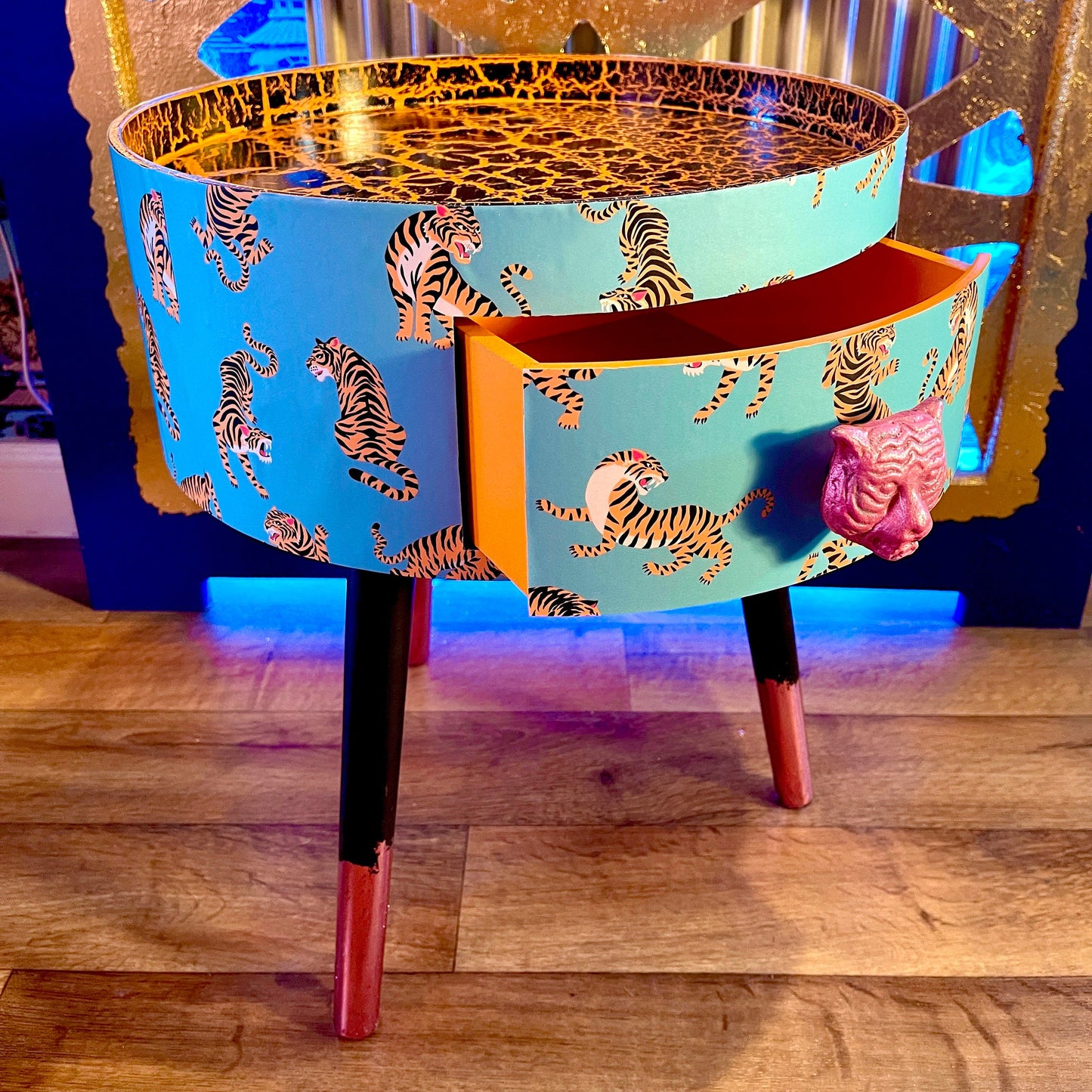 Tiger Table - Turquoise circular tiger table with pink handle . Ideal for nightstand or sidetable . Comes with inbuilt drawer. Customisable
