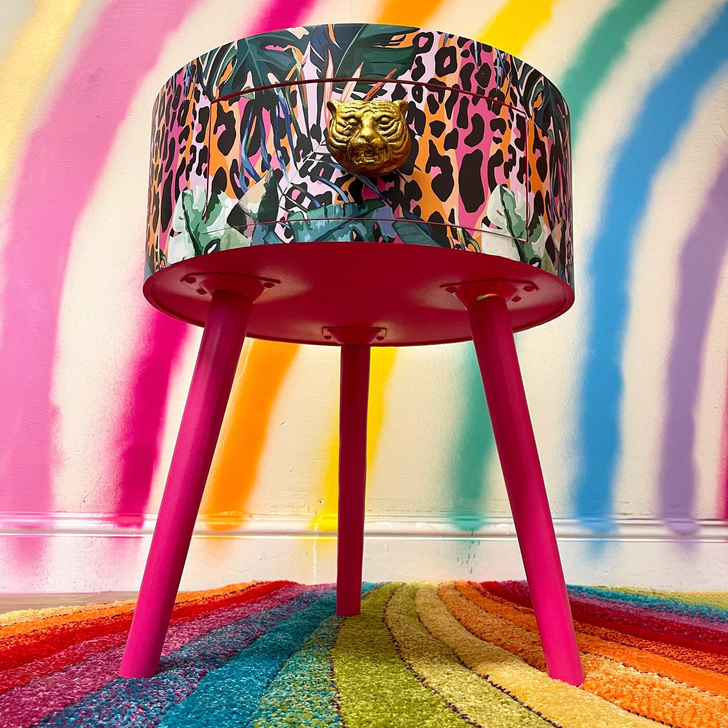 Leopard with Palm - Hot Pink wooden coffee table , tropical and orange leopard print , Animal and floral print.  Round table with three legs, built in drawer