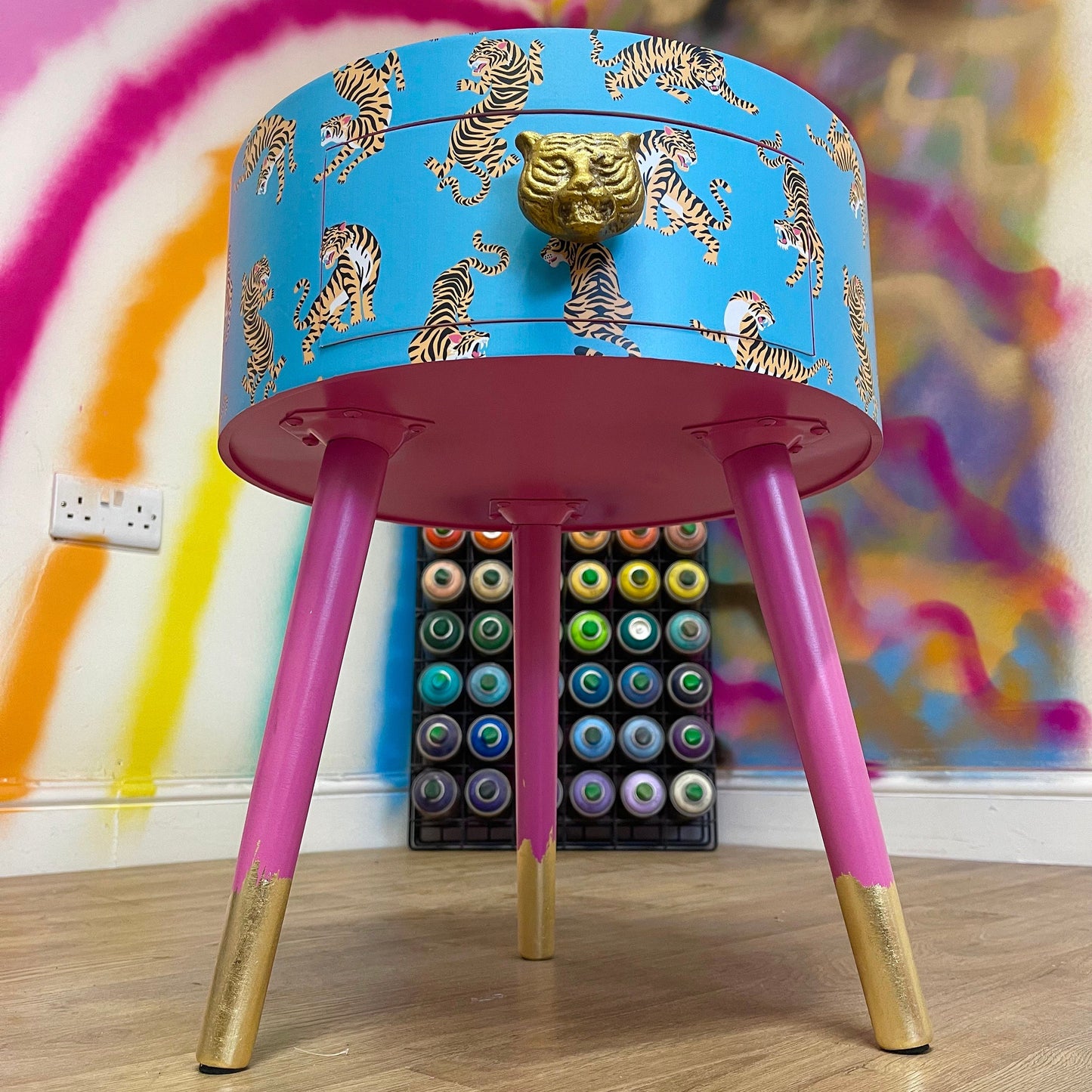 Tiger Table - Turquoise side table for bedroom, pink safari nursery decor girl, animal print tray top end tables with drawer, teenage girl room decor
