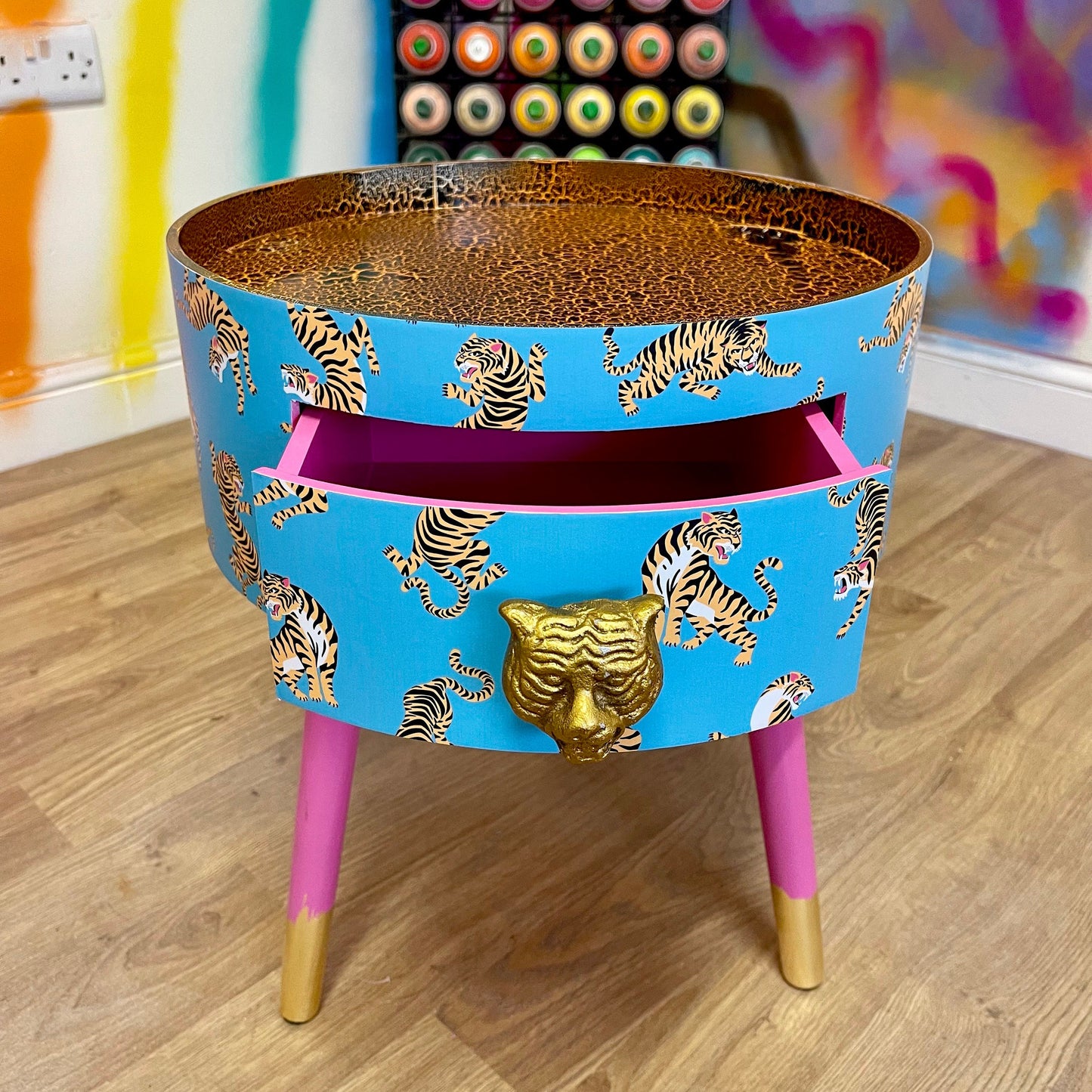 Tiger Table - Turquoise side table for bedroom, pink safari nursery decor girl, animal print tray top end tables with drawer, teenage girl room decor