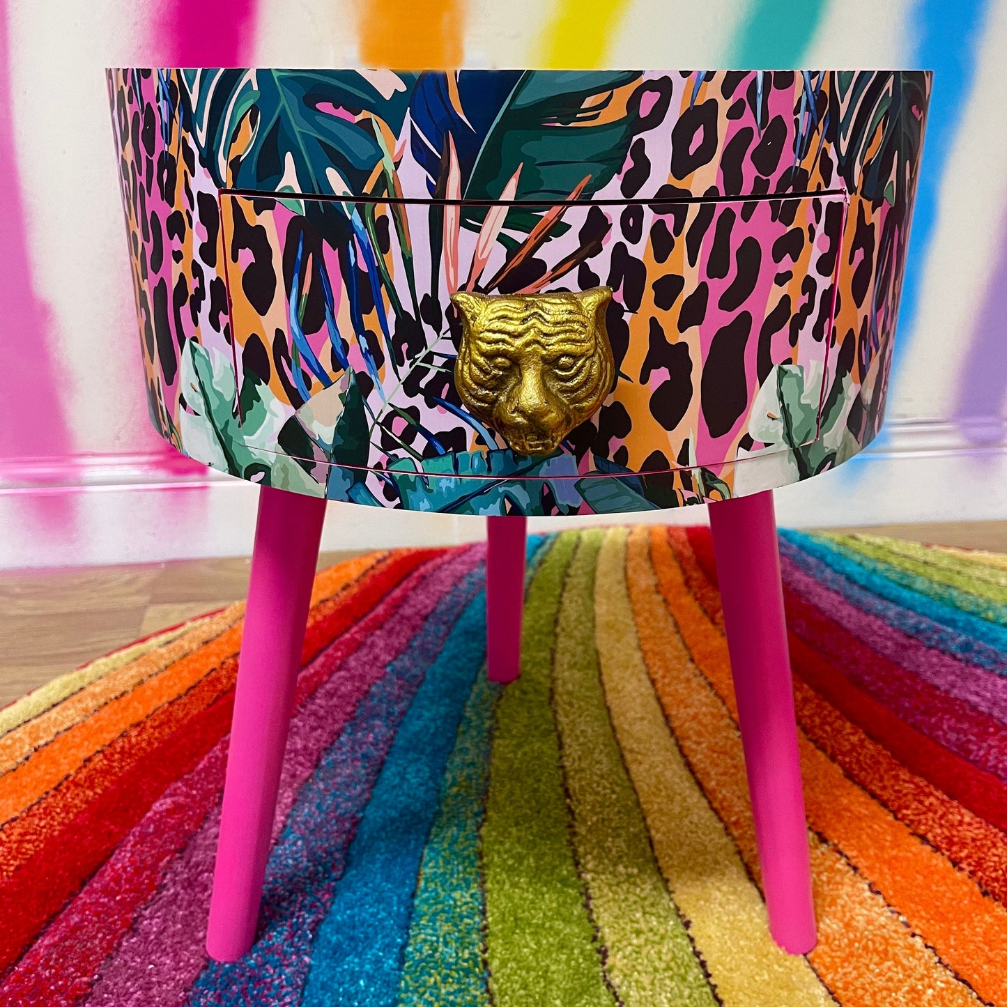 Leopard with Palm - Hot Pink wooden coffee table , tropical and orange leopard print , Animal and floral print.  Round table with three legs, built in drawer