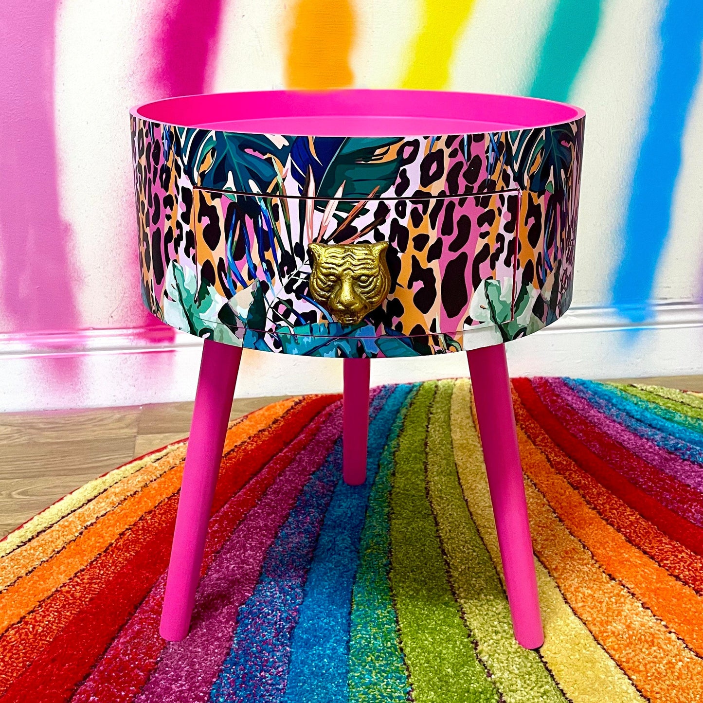 Leopard with Palm - Hot Pink wooden coffee table , tropical and orange leopard print , Animal and floral print.  Round table with three legs, built in drawer