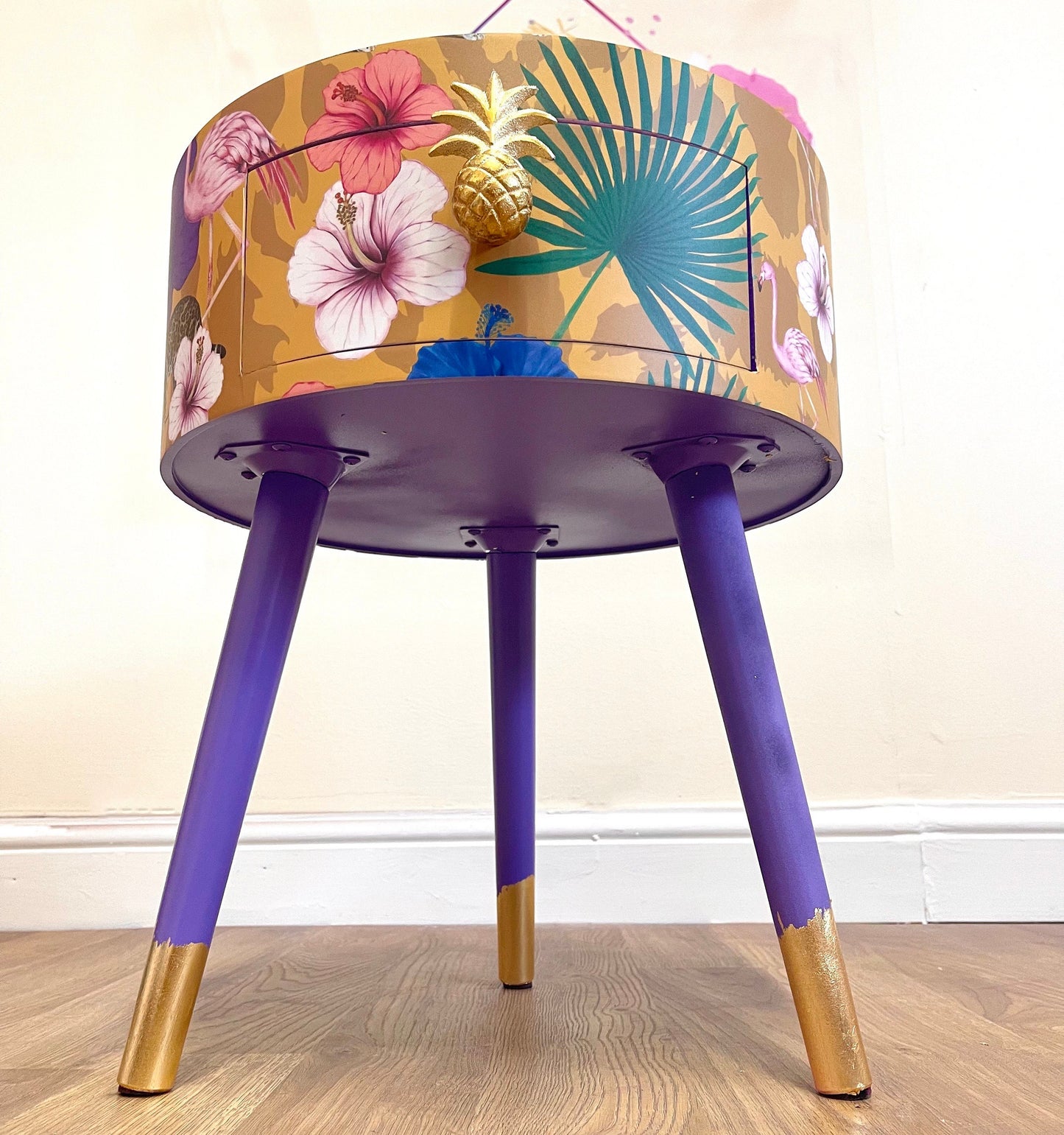 Flocking Fab - Yellow Round eclectic yellow nightstand with tropical design, mustard bedside table with built in drawer