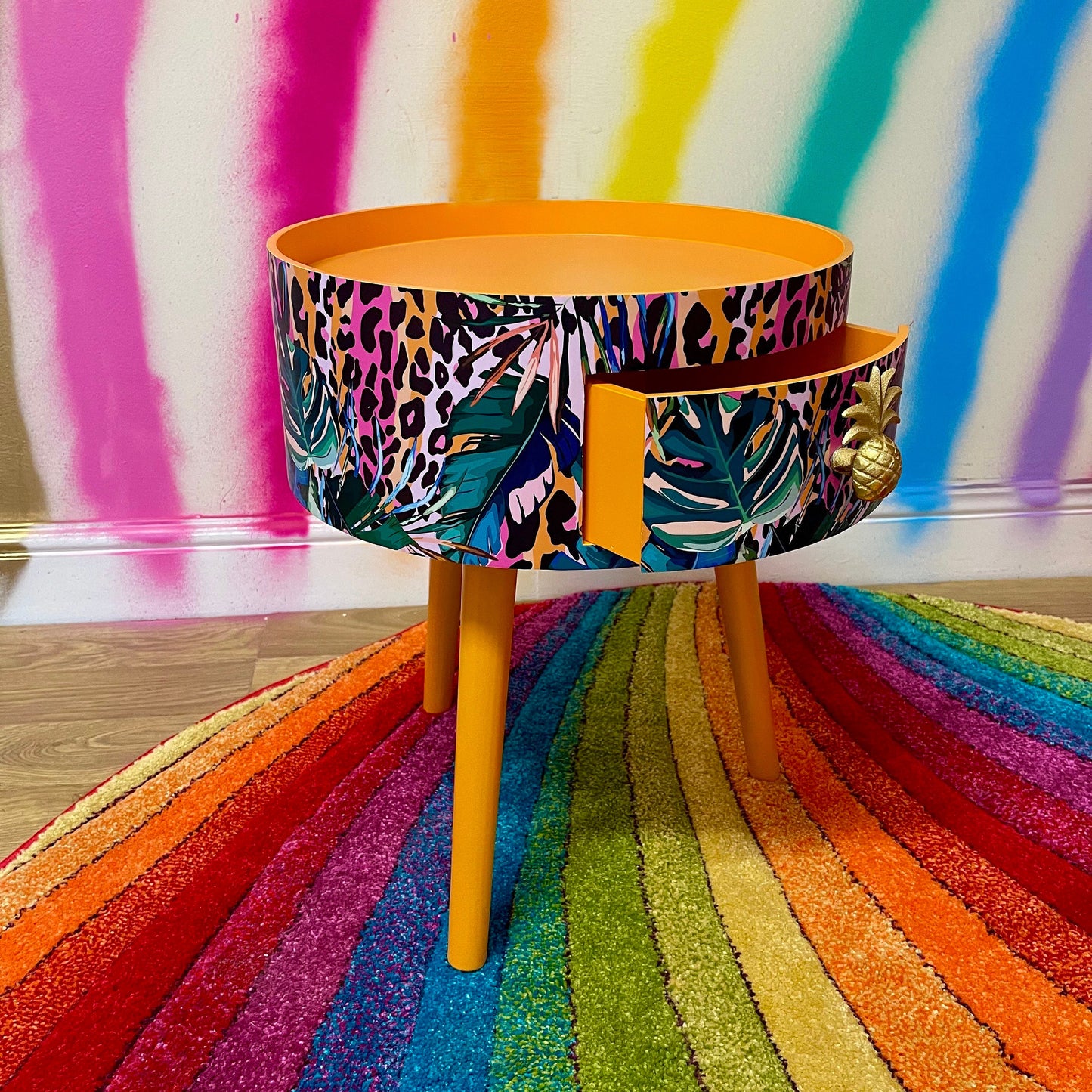 Leopard with Palm - Orange and Hot Pink coffee table , tropical and orange leopard print , Animal and floral print.  Round table with three legs, built in drawer