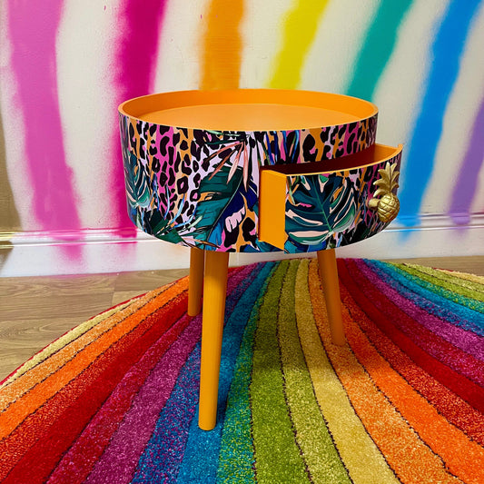 Leopard with Palm - Orange and Hot Pink coffee table , tropical and orange leopard print , Animal and floral print.  Round table with three legs, built in drawer