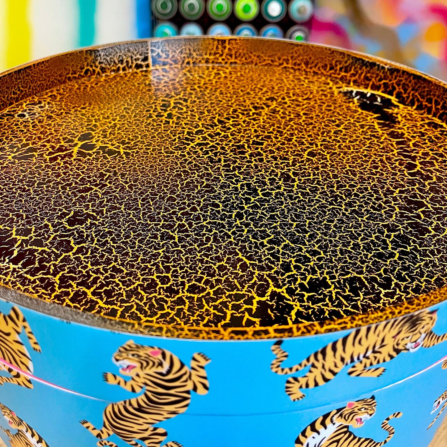 Tiger Table - Turquoise side table for bedroom, pink safari nursery decor girl, animal print tray top end tables with drawer, teenage girl room decor