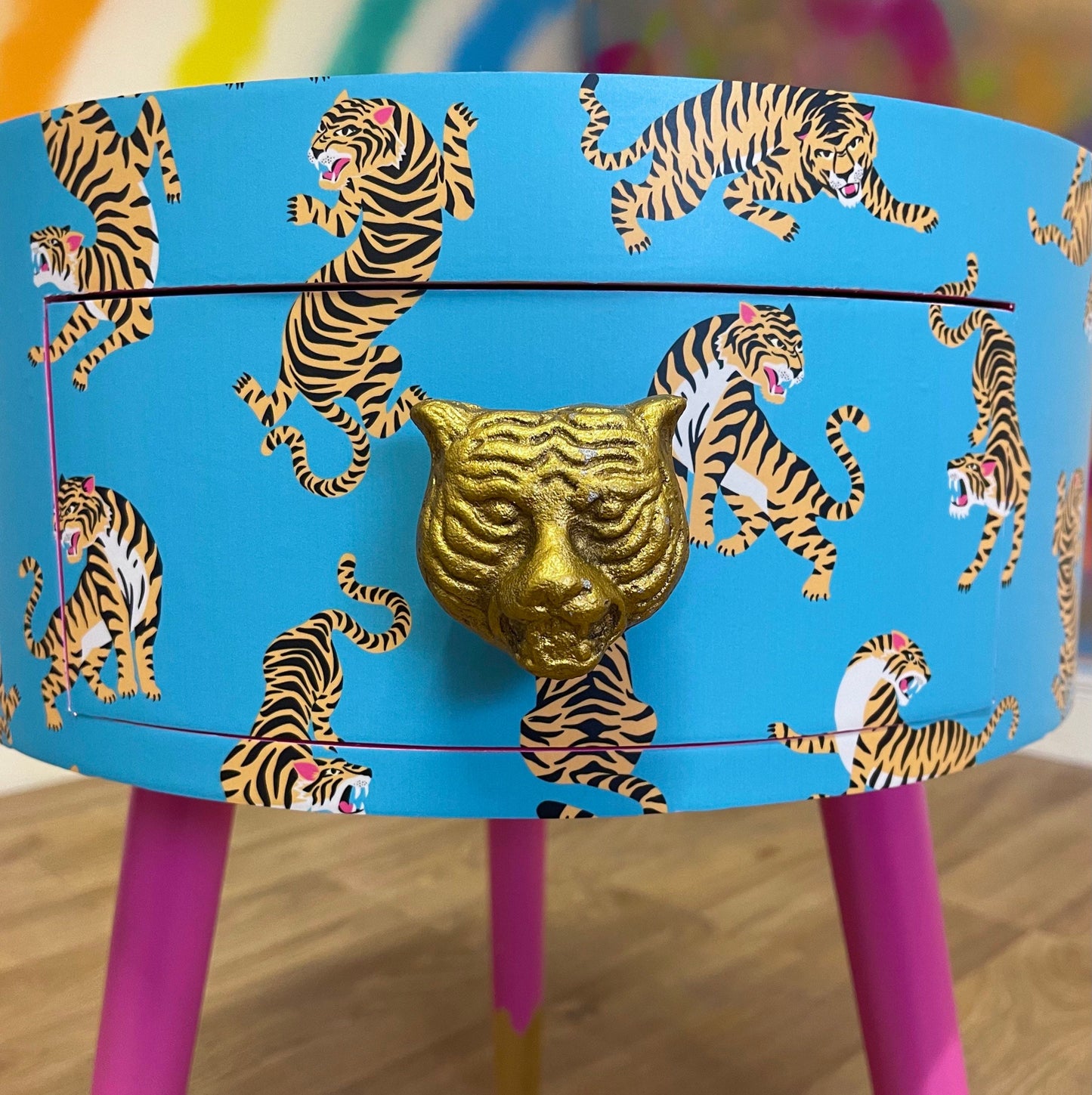 Tiger Table - Turquoise side table for bedroom, pink safari nursery decor girl, animal print tray top end tables with drawer, teenage girl room decor