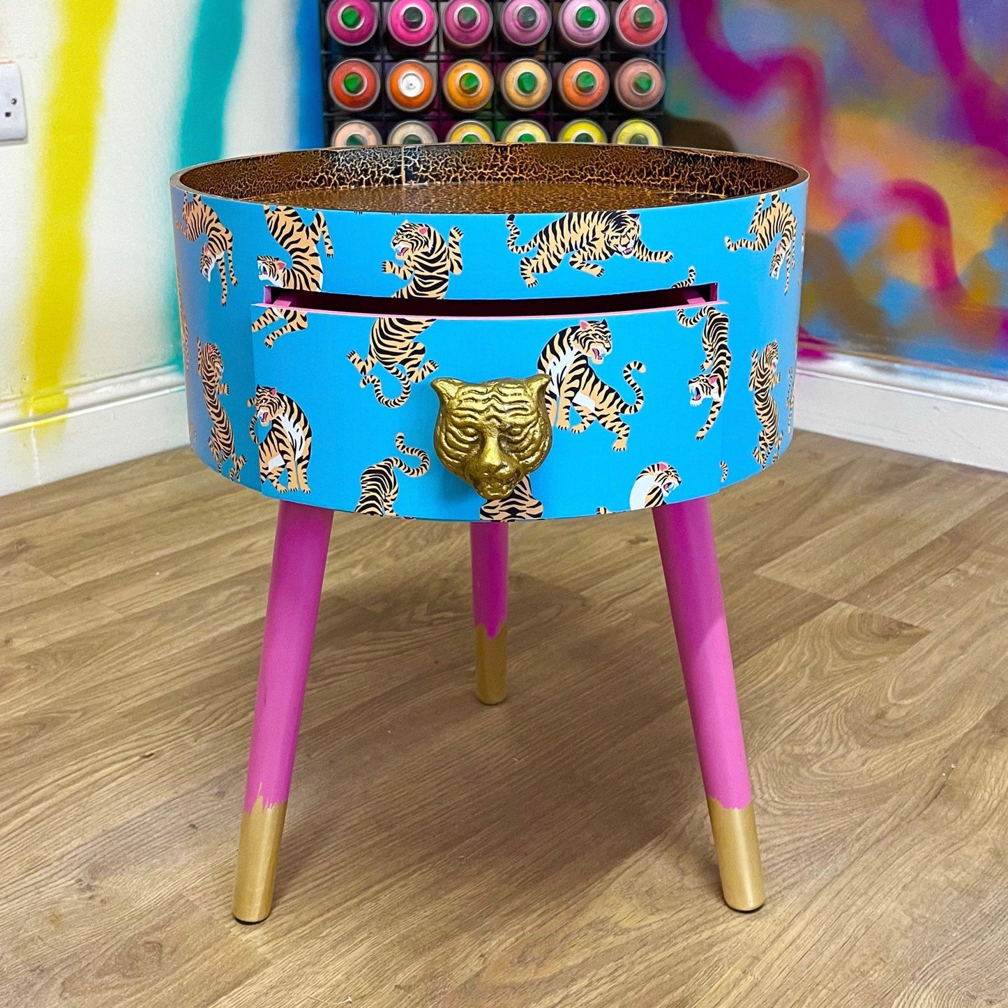 Tiger Table - Turquoise side table for bedroom, pink safari nursery decor girl, animal print tray top end tables with drawer, teenage girl room decor